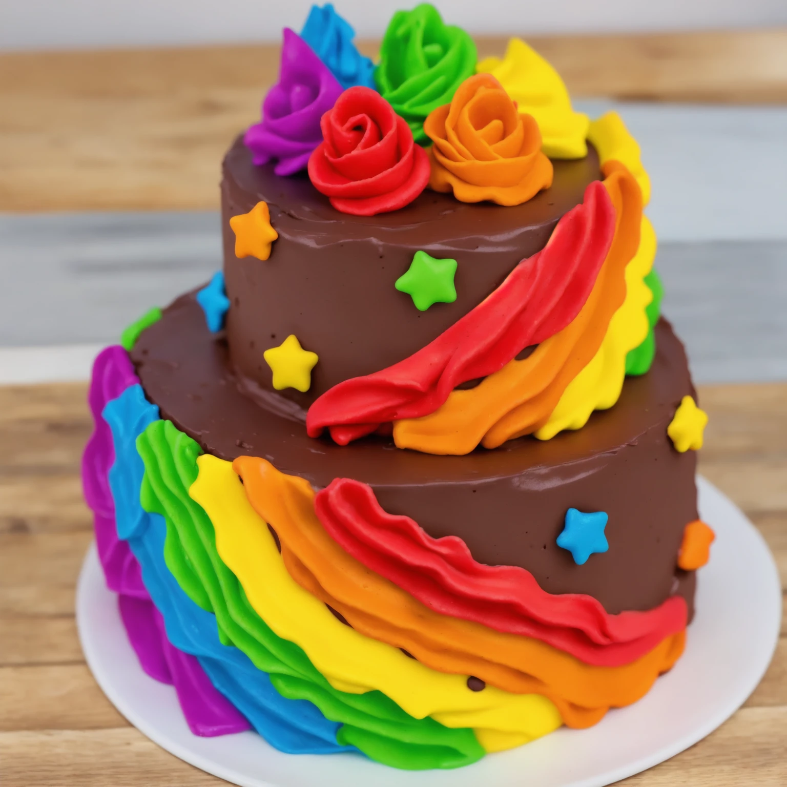 on a wooden table. there is a white plate. two-tier cake, chocolate cream cake, rainbow cream in the form of ruffles, decorated with rainbow stars made of polymer clay, multi-colored cream on top, against the background of the kitchen, Beautiful light from the window, contour light, Multiple light sources, beautiful lighting, Bright light source, bright lighting, beautiful light sources, Multiple light sources, Realistic style , realistic texture, detailed texture, A high resolution, high quality,