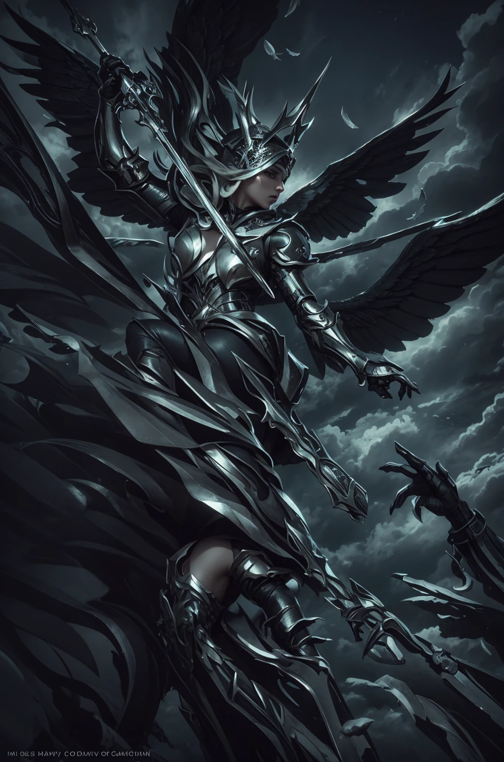 blindfolded, Divine judgement, sending from the sky, dynamic pose, A beautiful angel woman with huge wings, 2 giant horns, facing forward, in a melancholy pose, with a beautiful sharp face, ultra-detailed, hyper realistic, cinematic lighting, dark moody colors, dramatic shadows, intricate details, ethereal, fantasy, elegant, photorealistic, body armor, showing no emotion, grey skin