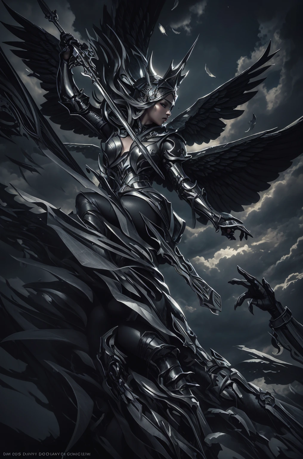 blindfolded, Divine judgement, sending from the sky, dynamic pose, A beautiful angel woman with huge wings, 2 giant horns, facing forward, in a melancholy pose, with a beautiful sharp face, ultra-detailed, hyper realistic, cinematic lighting, dark moody colors, dramatic shadows, intricate details, ethereal, fantasy, elegant, photorealistic, body armor, showing no emotion, grey skin