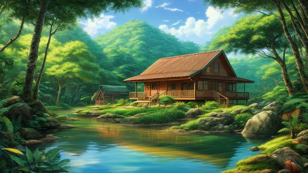 cabin style, beautiful, textural, ray tracing, absurd, official art, illustration, (((Artwork))),(((best quality))),((ultra-detailed)), Hayao Miyazaki Style, nature, jungle, scenery