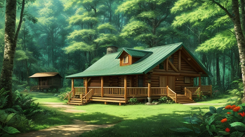 cabin style, beautiful, textural, ray tracing, absurd, official art, illustration, (((Artwork))),(((best quality))),((ultra-detailed)), Hayao Miyazaki Style, nature, jungle, scenery

