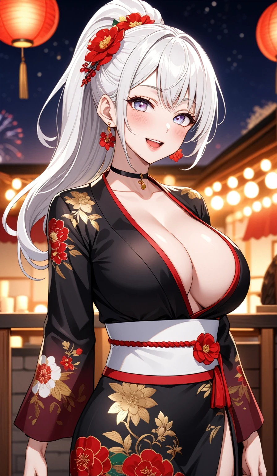 (One personの女性)), Beautiful Face, Laughing embarrassedly, ((Wink:1.8)), Laugh with your mouth wide open,((Bright red cheeks:1.4)),Shiny red lips, night,rooftop,Festivals, firework,Glossy red lips,Facial lighting,((Anime style background)),masterpiece, Highest quality, so beautiful,up to date, Complex details, (Pink long nails), (ring),(bracelet),(Floral choker),AI-generated, Complex,High resolution, Highest quality, super high quality,3D Images、3D Images,One person,Long white hair,High Ponytail,(blue eyes), ((Fine grain、Silvery white colorful eyes、Shining Eyes:1.4)), (Squint your eyes:1.1), 写真のポーズをとるAnime Women, a hyperRealistic , hyperRealistic , Realistic,Anime Women, Smooth anime CG art, A woman in a colorful kimono with gold embroidery, (Black long sleeve kimono), Red floral pattern,Long flower hair ornament,Floral Earrings,Mature Body,(Big Breasts:1.1),Tall,Abdominal muscles,Narrow waist,(Zoom in on face:1.3),(front view),