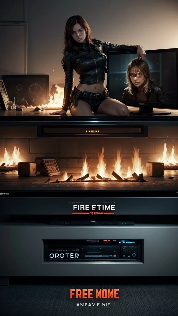 title at top "Free Fire" create me a banner for a game puts the title at the top and the character at the bottom, and a television in the middle. image Size [9:16]