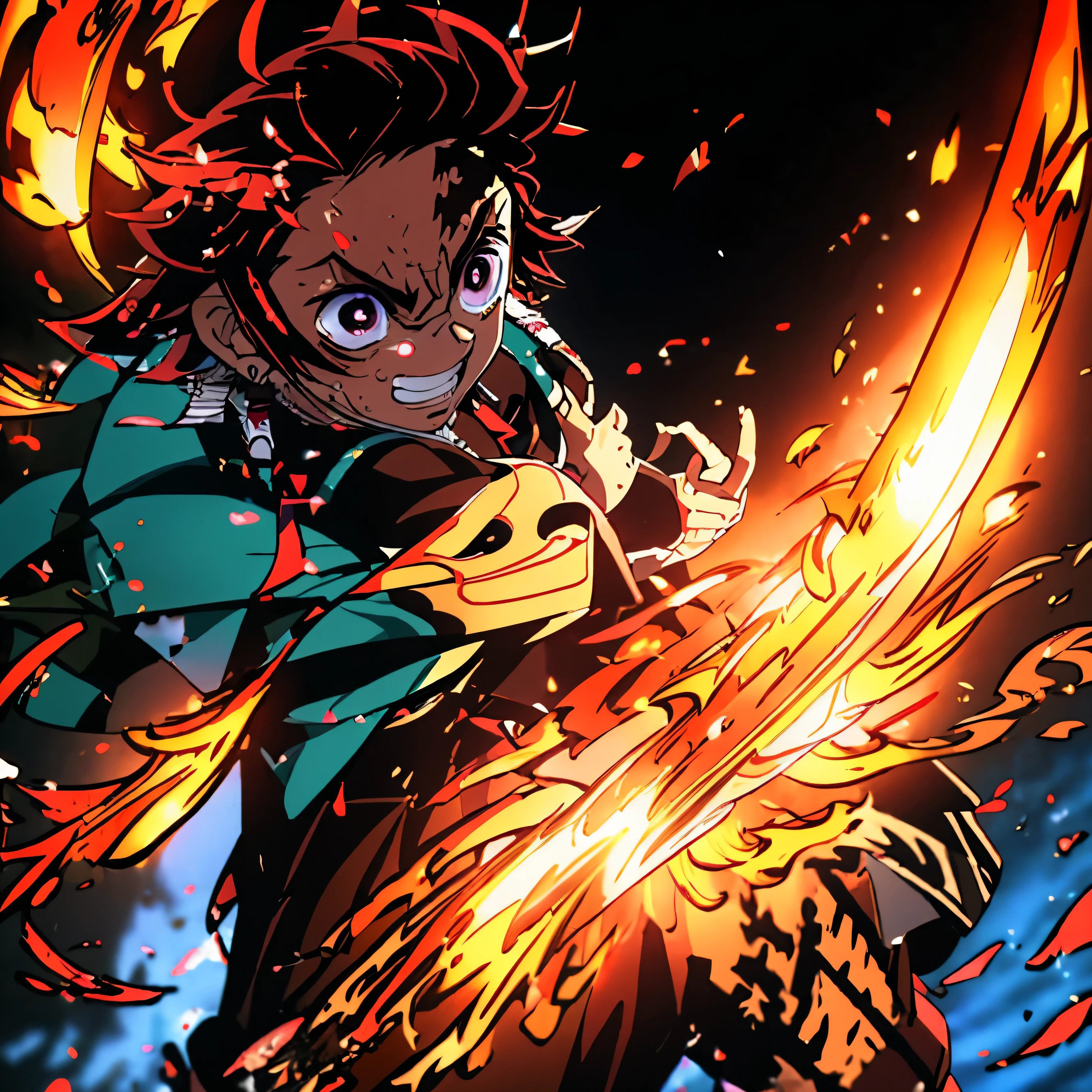 work of art、Demon slayer、tanjiro kamado、Flame background、Japanese Flaming Sword、brave face