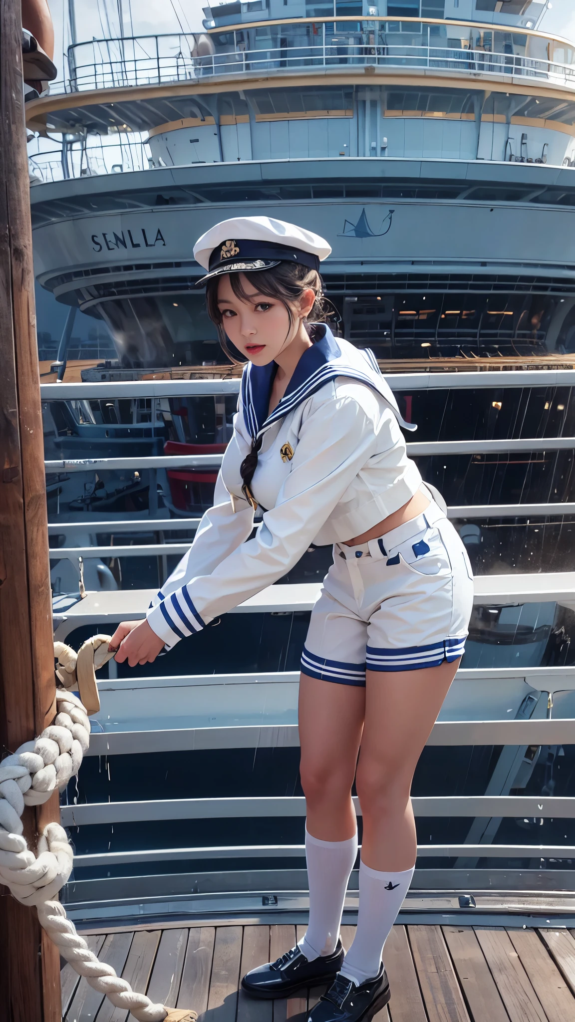 4k, best quality, realistic, detailed, A beautiful woman in a sailor suit, sailor hat and white pants is working on the deck of a passenger ship, pulling a rope. She has huge saggy breasts. Her clothes are soaked through that you can see her erect nipples.