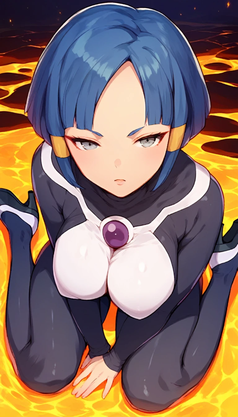 best quality,ultra detailed,solo,score_9, score_8_up, score_7_up, score_6_up, score_5_up, score_4_up, source_anime, 1girl, clara, blue hair, hair tubes, grey eyes, bodysuit,big breasts, sexy pose, (front view,portrait),full body, sitting on lava,heavenly ass, heavenly breasts, big ass, no shoes, wearing heels, upset, cute, face, long legs, tight bodysuit, tight sleeves, black bodysuit, half-closed eyes, 