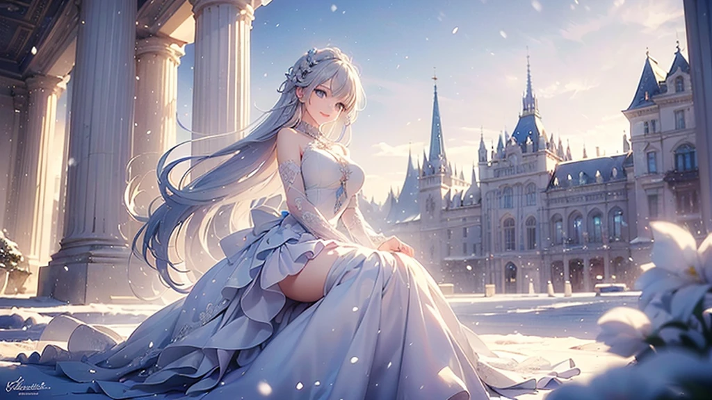 ((best quality,masterpiece,Extremely complex and exquisite details,There is only one beautiful girl with long white straight hair and blue eyes,Smile,long skirt)),(Exquisite light blue and white clothing,Beautiful bright and exquisite ancient style white castle architectural background),(correct anatomy,exquisite face),(Exquisite fantasy dream style,Snow,Falling Flowers,The great outdoors),whole body