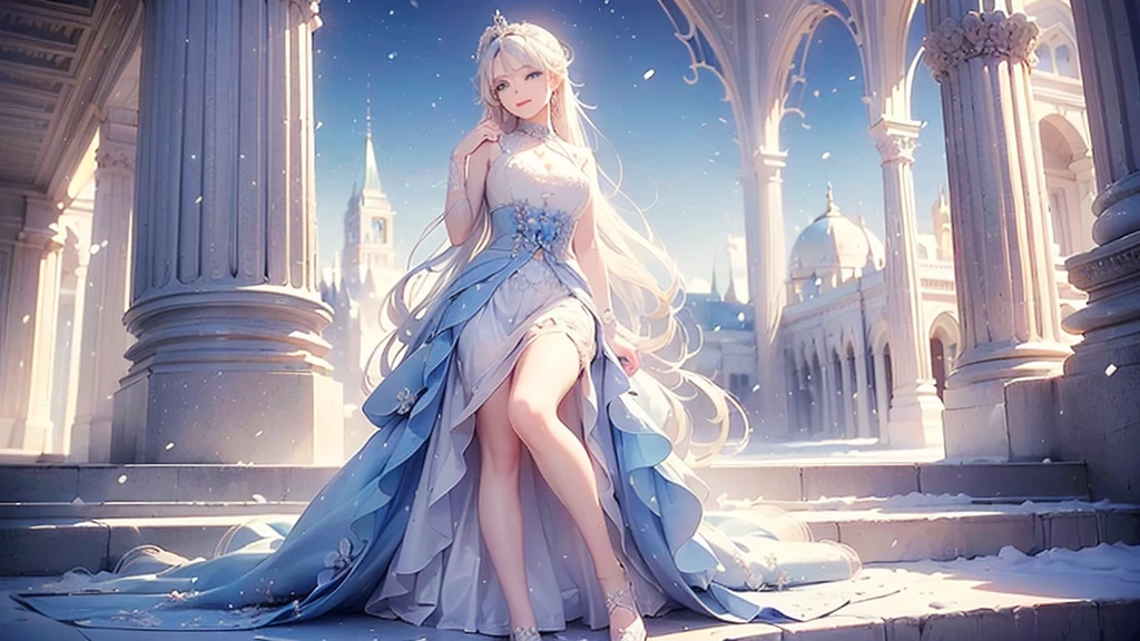 ((best quality，masterpiece，Extremely complex and exquisite details，There is only one beautiful girl with long white straight hair and blue eyes，Smile，long skirt))，(Exquisite light blue and white clothing，Beautiful bright and exquisite ancient style white castle architectural background)，(correct anatomy，exquisite face)，(Exquisite fantasy dream style，Snow，Falling Flowers，The great outdoors)，whole body