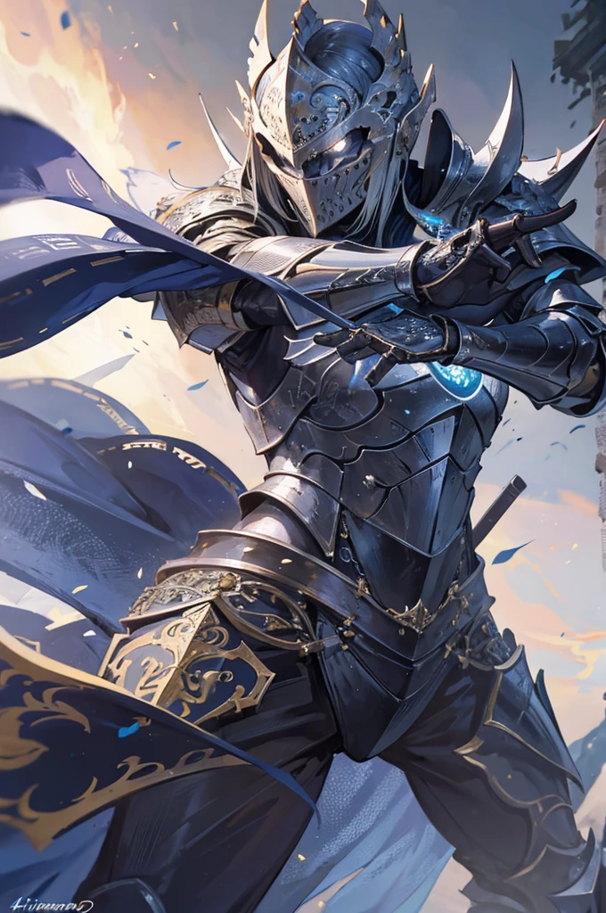 1 angry knight, extremely detailed face, intricate armor, dynamic pose, photo-realistic, stunning lighting, cinematic composition, masterpiece, 4k, highly detailed