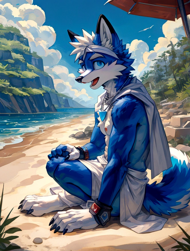 teenanger,solo,freshmen,young people,white hair, nipples，fox, blue eyes, masterpiece, bright blue fur, clean face, (blue necklace), thick eyebrows, detailed eyes, anthro, claw, (white headband),white hands,white feet,white cape，outdoor,open mouth,side view,wrist guard,seaside,white loincloth，trees,full body,sit