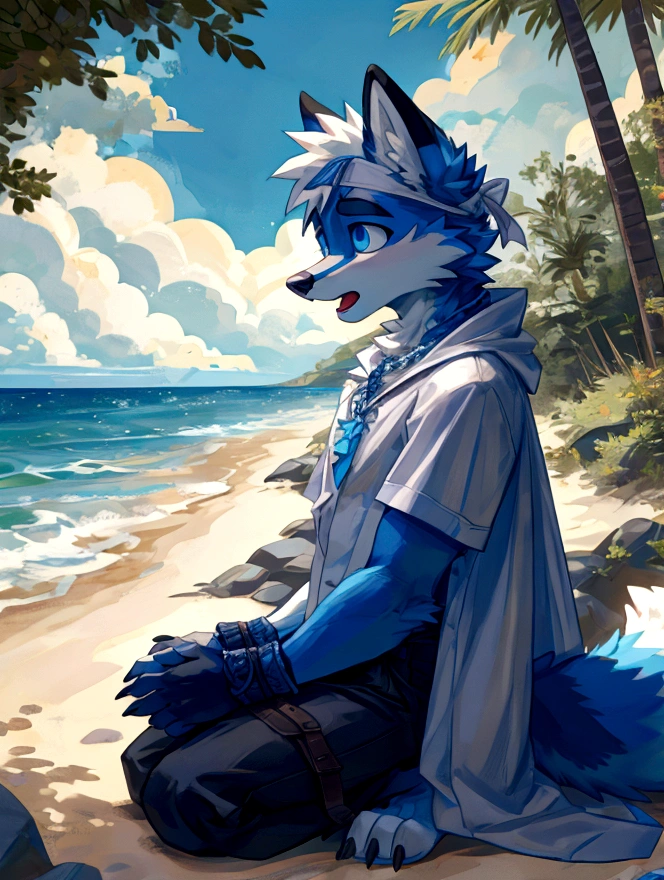 teenanger,solo,freshmen,young people,white hair, nipples，fox, blue eyes, masterpiece, bright blue fur, clean face, (blue necklace), thick eyebrows, detailed eyes, anthro, claw, (white headband),white hands,white feet,white cape，outdoor,open mouth,side view,wrist guard,seaside,white loincloth，trees,full body,sit