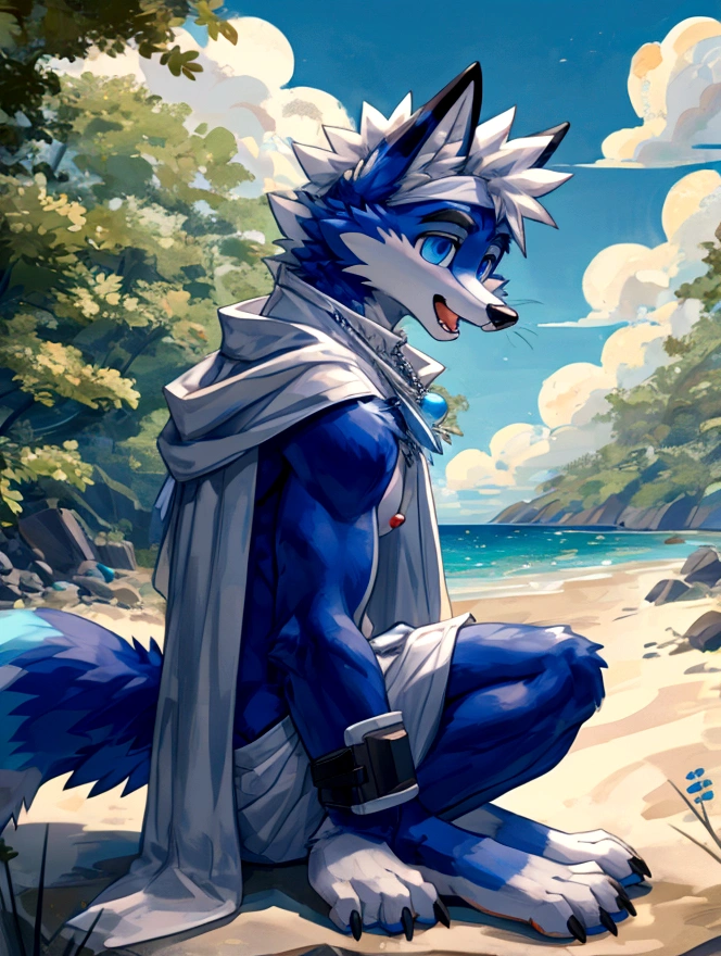 anger,solo,freshmen,young people,white hair, nipples,fox, blue eyes, masterpiece, bright blue fur, clean face, (blue necklace), thick eyebrows, detailed eyes, anthro, claw, (white headband),white hands,white feet,white cape,outdoor,open mouth,side view,wrist guard,seaside,white loincloth,trees,full body,sit
