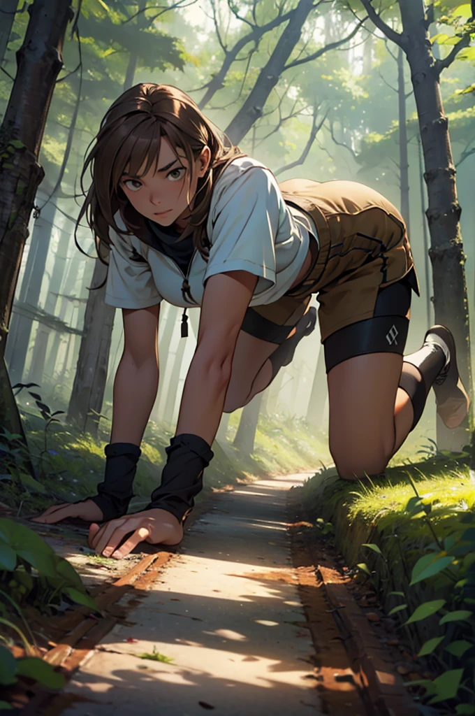 a wild feral light brown haired woman on all fours in the forest staring