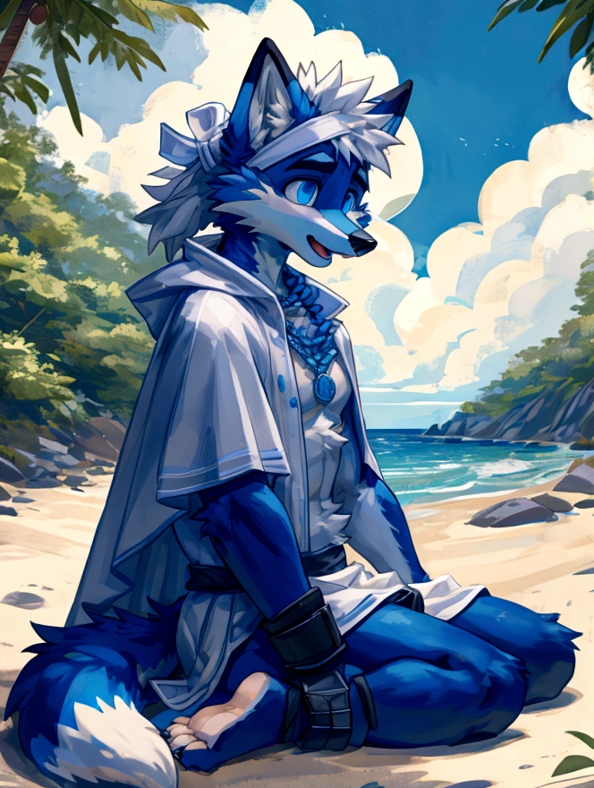 anger,solo,freshmen,young people,white hair, nipples，fox, blue eyes, masterpiece, bright blue fur, clean face, (blue necklace), thick eyebrows, detailed eyes, anthro, claw, (white headband),white hands,white feet,white cape，outdoor,open mouth,side view,wrist guard,seaside,white loincloth，trees,full body,sit