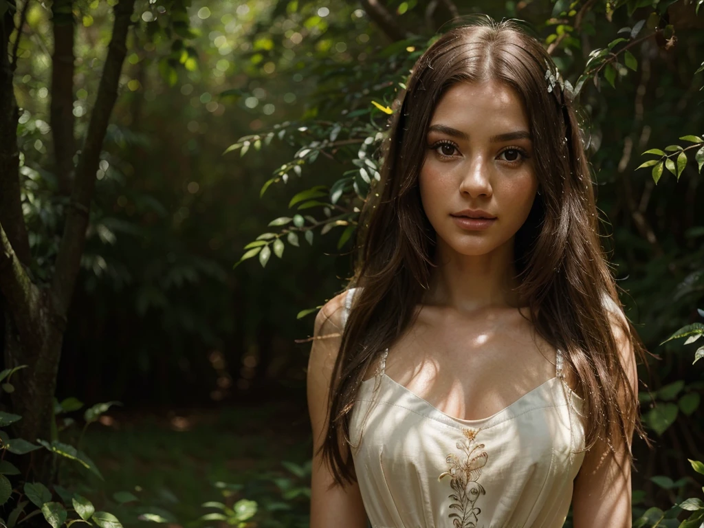 A beautiful girl in a long flowing dress, posing gracefully in a natural setting, high quality detailed portrait, intricate details, photorealistic, 8k, hyperrealistic, detailed eyes, detailed lips, delicate skin, long eyelashes, elegant, serene expression, sunlight streaming through trees, lush foliage, detailed background, warm color tones, cinematic lighting