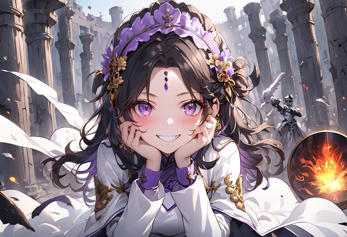 dark persona, ecstasy, looking at viewer, armor, both hands on own face, happy, blush, evil grin, white leg armor, knight, wavy hair, medium hair, octagonal yin yang mirror, purple eyes, audience, forehead jewel, pillars of purple fire, 1 woman, white cape, runes, white dress, white wing headdress, Ruined city, gold decoration, black hair, long cheongsam, earring, chains, yin yang, long skirt, beautiful art, depth of field, high res, perfect face, detailed outfit