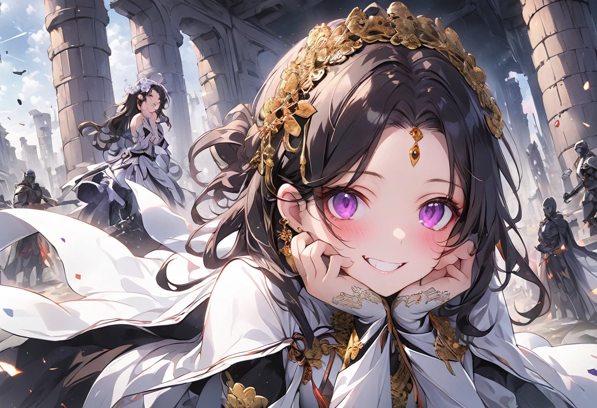 dark persona, ecstasy, looking at viewer, armor, both hands on own face, happy, blush, evil grin, white leg armor, knight, wavy hair, medium hair, octagonal yin yang mirror, purple eyes, audience, forehead jewel, pillars of purple fire, 1 woman, white cape, runes, white dress, white wing headdress, Ruined city, gold decoration, black hair, long cheongsam, earring, chains, yin yang, long skirt, beautiful art, depth of field, high res, perfect face, detailed outfit