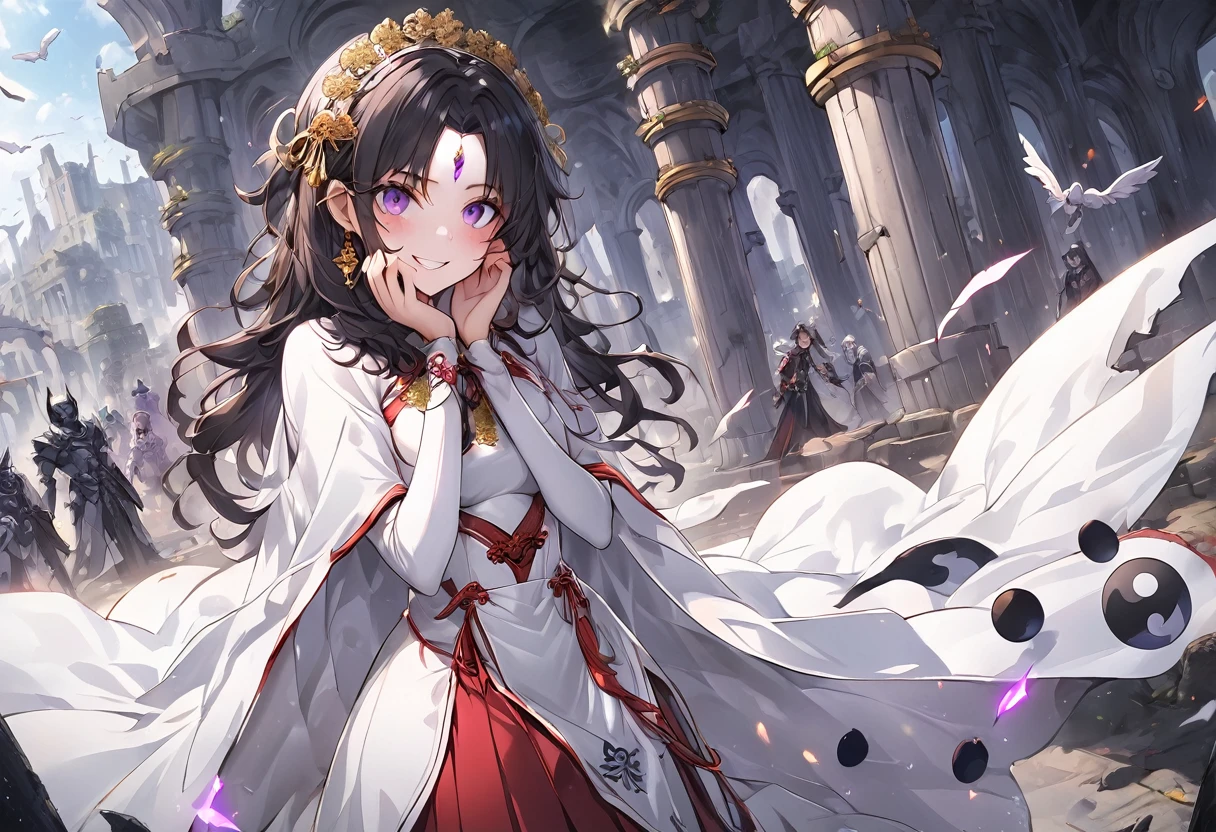 dark persona, ecstasy, looking at viewer, armor, both hands on own face, happy, blush, evil grin, white leg armor, knight, wavy hair, medium hair, octagonal yin yang mirror, purple eyes, audience, forehead jewel, pillars of purple fire, 1 woman, white cape, runes, white dress, white wing headdress, Ruined city, gold decoration, black hair, long cheongsam, earring, chains, yin yang, long skirt, beautiful art, depth of field, high res, perfect face, detailed outfit