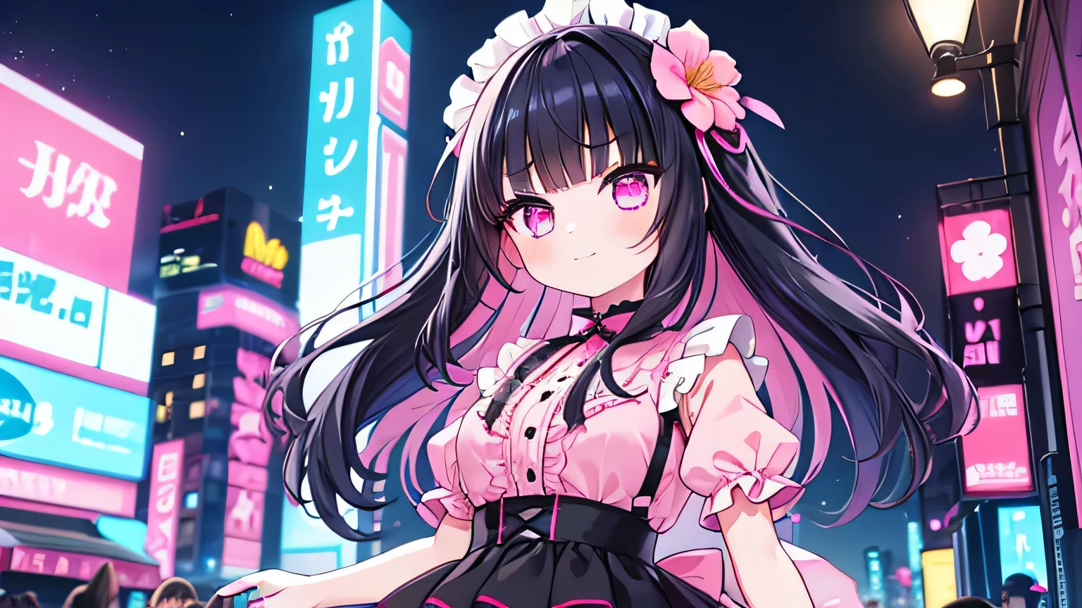 1girl, night time, neon city, pink eyes, blue eyes, black hair, medium hair, blunt bangs hair, medium hair, pink nails, long pink lace ruffle shirt pink, black skirt, eyebrows, super happy, upper body, hair flower ornaments