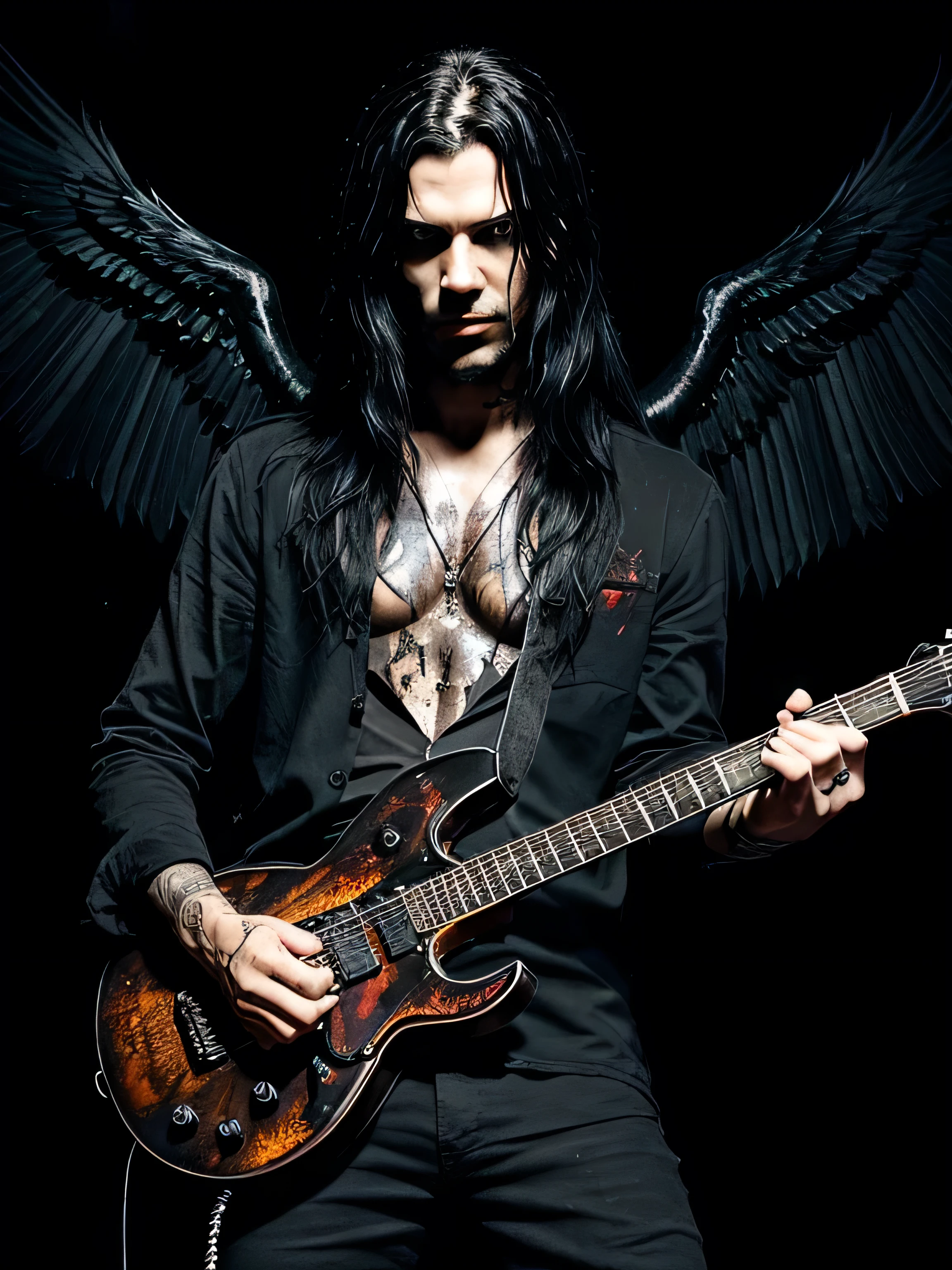 "A boy with a guitar fused into his body, intertwined with his flesh and blood. He is wearing black clothes, has slightly long and wavy black hair falling over his face, and a scar near the corner of his eye. His body is relatively thin. He has two black wings. The overall theme of the artwork should be dark and black, in the style of metal music. There are black birds and crows around him, with blood dripping from his hand.whit ten hands."
