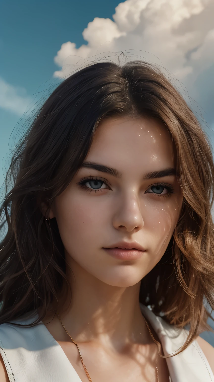 Photo of a 20-year-old European woman, RAW, (gorgeous woman), (Very thick wavy hair), ((portrait)), ((detailed face:1.2)), ((detailed facial features)), (finely detailed leather), pale skin, (dramatic sky), floating on a cloud, (cool color), Reflectors, (fascinating) (perfect proportions)(Photorealistic)(Best quality) (detailed) shot on canon eos r5, Lens 50mm