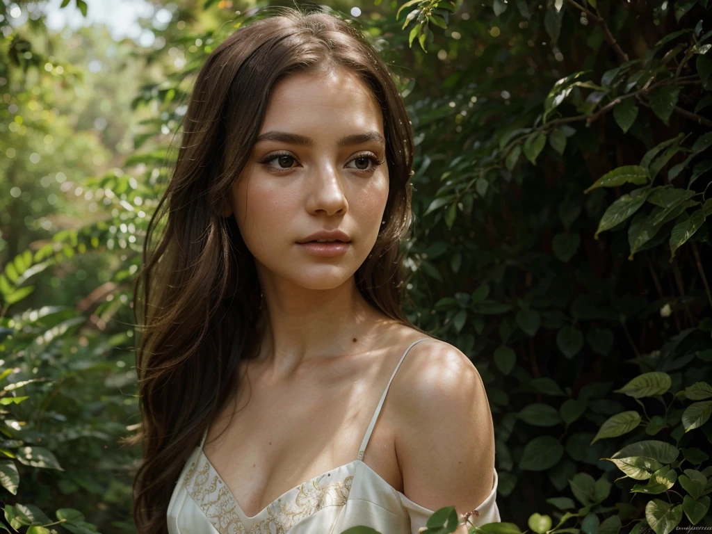 A beautiful girl in a long flowing dress, posing gracefully in a natural setting, high quality detailed portrait, intricate details, photorealistic, 8k, hyperrealistic, detailed eyes, detailed lips, delicate skin, long eyelashes, elegant, serene expression, sunlight streaming through trees, lush foliage, detailed background, warm color tones, cinematic lighting