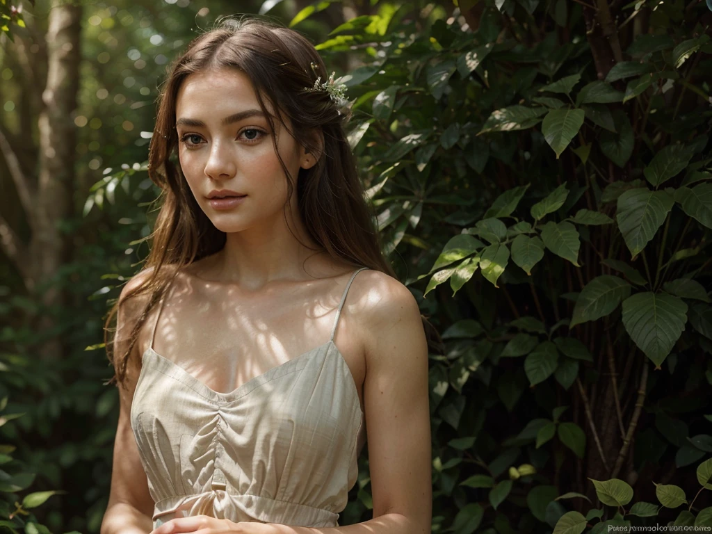 A beautiful girl in a long flowing dress, posing gracefully in a natural setting, high quality detailed portrait, intricate details, photorealistic, 8k, hyperrealistic, detailed eyes, detailed lips, delicate skin, long eyelashes, elegant, serene expression, sunlight streaming through trees, lush foliage, detailed background, warm color tones, cinematic lighting