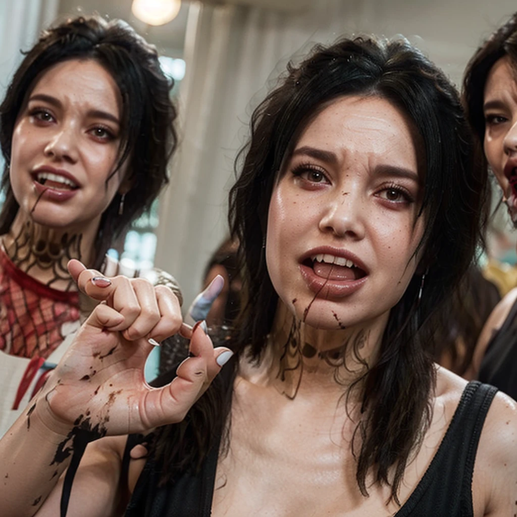 Evelyn, black hair, dirty hair, short hair, blur, cutout, blurred background, portrait, solo, Evelyn, black hair, dirty hair, cutout, upper body, open mouth, tongue, teeth, tongue, POV, looking at the viewer, hands at face level, shows 2 fingers index and middle