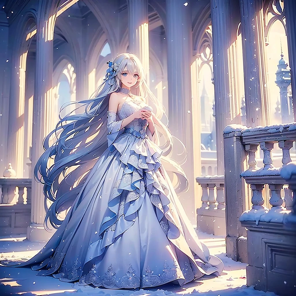 ((best quality，masterpiece，Extremely complex and exquisite details，There is only one beautiful girl with long white straight hair and blue eyes，Smile，long skirt))，(Exquisite light blue and white clothing，Beautiful bright and exquisite ancient style white castle architectural background)，(correct anatomy，exquisite face)，(Exquisite fantasy dream style，Snow，Falling Flowers，The great outdoors)，whole body