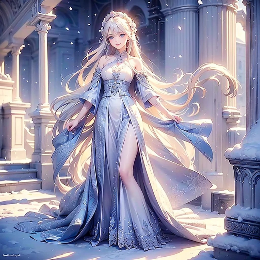 ((best quality,masterpiece,Extremely complex and exquisite details,There is only one beautiful girl with long white straight hair and blue eyes,Smile,long skirt)),(Exquisite light blue and white clothing,Beautiful bright and exquisite ancient style white castle architectural background),(correct anatomy,exquisite face),(Exquisite fantasy dream style,Snow,Falling Flowers,The great outdoors),whole body