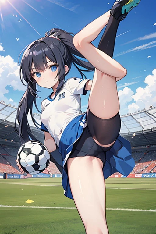 (anime ,2D) Women, soccer player , average height ,clear skin,thin face ,blue eyes,black hair , waist length ,fringe ,collected in a ponytail,Skinny body,big breasts,small waist, France national team uniform, In a soccer field ,kicking a ball.
