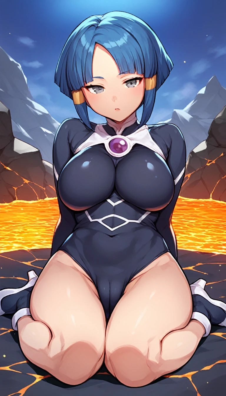 best quality,ultra detailed,solo,score_9, score_8_up, score_7_up, score_6_up, score_5_up, score_4_up, source_anime, 1girl, clara, blue hair, hair tubes, grey eyes, bodysuit,, sexy pose, ont view,portrait),full body, sitting on lava,heavenly ass, heavenly asts, big ass,es, wearing hs, upset, cute, face, long legs, tight bodysuit, tight sleeves, black bodysuit, half-closed eyes,