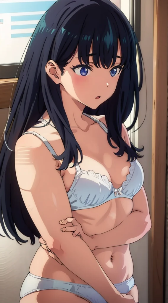 masterpiece, (best quality), 1woman,1girl ,haruhiko_ichijou_mother,  black hair, long hair,  (blue eyes), big breasts, sexy woman, smile, hair between eyes, embarrassed, blush, lingerie, vibrant colors, natural lighting, RTX, beautiful, (detailed face:1.2), showcase, (perfect eyes:1.1) ,(photorealistic:1.1), 8k UHD,  looking at the viewer, indoors,  simple background,