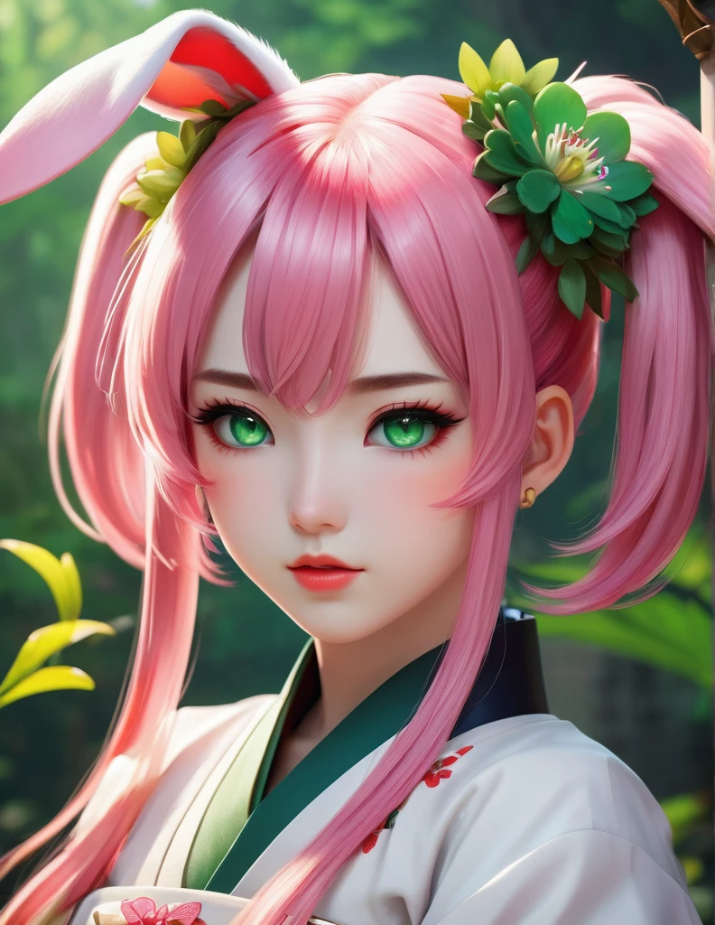 quality(8k wallpaper of extremely detailed CG unit, masterpiece, hight resolution, top-quality, top-quality real texture skin,hyper realisitic, digitial painting,increase the resolution,RAW photos,best qualtiy,highly detailed,the wallpaper),BREAK,8K, onmyoji-style art, 1girl,twintail,pink hair,green eyes,solo,parted lips,flower,bunny girl,,