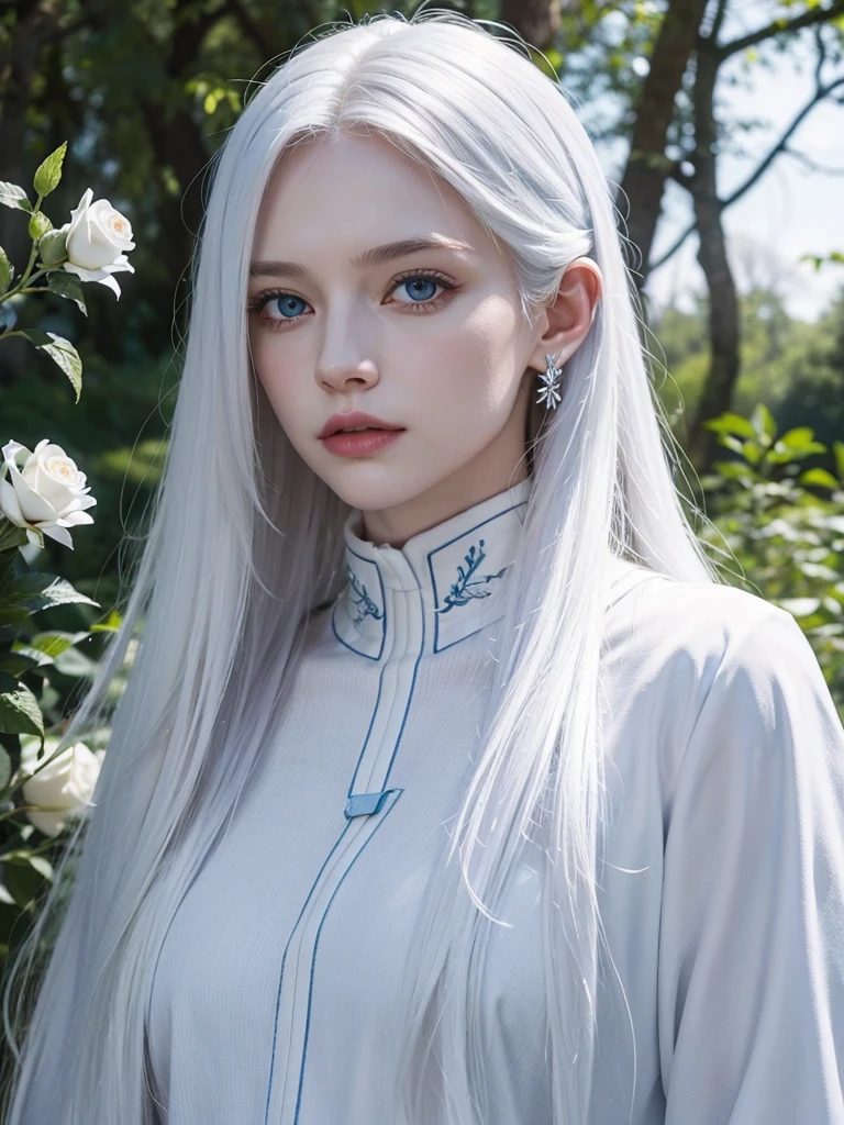 Long white hair, blue eyes, serious features, white skin, loose style, in a garden, with flowers , in the forest , killer frost the flash