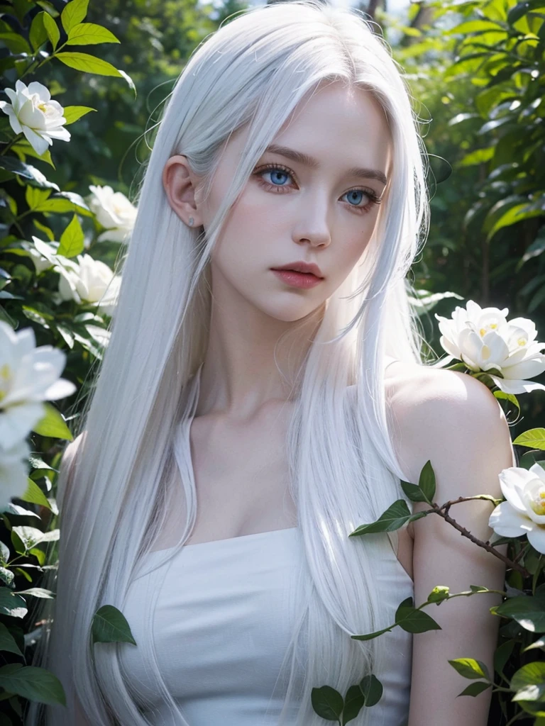 Long white hair, blue eyes, serious features, white skin, loose style, in a garden, with flowers , in the forest , killer frost the flash 