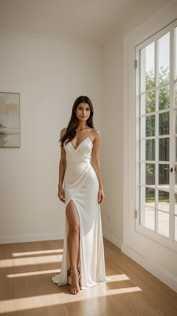 A woman in a white dress standing in front of a door, intrincado vestido branco, um vestido intrincado, vestido intrincado, intrincado vestido detalhado, Vestido de fantasia intrincado, vestido intrincado, vestido extravagante, vestido branco elegante, usando deslumbrante vestido de marfim, usando um vestido elegante, vestido longo e luxuoso intrincado, vestido branco, vestido feito de penas, usando um vestido de penas, roupas brancas de renda