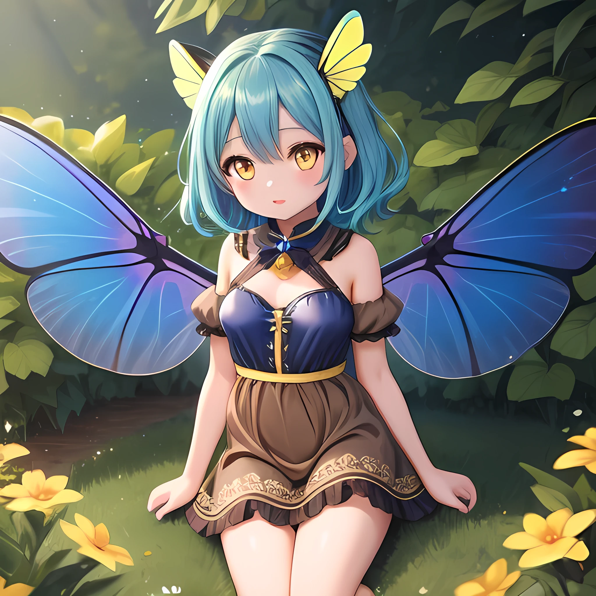 1girl, dragonfly girl, 6 wings, small, 30 years old, big breasts, cute, kawaii, brown dress, cobalt wings, yellow eyes, dark blue hair, detailed face, high quality, masterpiece, photorealistic, digital art, ultra-detailed, vibrant colors, natural lighting, fullbody