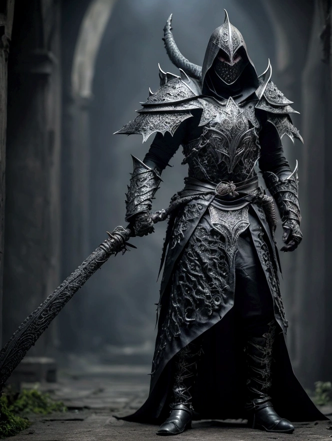 In a dark and oppressive scenario, a character inspired by Guts emerges, de Berserk, but even more dark and terrifying. Their hair is long and black, just like your arms, creating a sinister appearance. Seus olhos, de um vermelho intenso, irradiam uma aura maligna, transmitindo a ferocidade e o poder que habitam seu ser. Dressed in demonic black armor, this character exudes a menacing presence. Every detail of the armor is meticulously crafted, bringing to light the evil essence that it represents. Features a gauntlet hand with demonic black claws, remetendo a uma natureza infernal. The cloak he wears is as dark as the night itself, envolvendo-o em sombras macabras. Nessa capa, assim como em sua espada, there are effects of black auras that emanate a mystery and dark energy. in her hands, ele empunha uma espada colossal, a Dragon Slayer, as imposing and brutal as the entity that wields it. The dark effects that surround the blade, os detalhes intrincados e sinistros, make the weapon a true manifestation of terror and destruction. Este personagem, with its haunting appearance, personifies the essence of darkness and horror. His presence is ominous, its energy radiates an overwhelming malevolence. He is a force to be feared, ressoando com o pior pesadelo de seus inimigos. with the highest quality and attention to detail, the colors and dark effects are enhanced to convey the full essence of this terrifying being. It is an image that inspires fear and at the same time fascinates, pois revela a profundidade dos abismos sombrios da alma humana.

