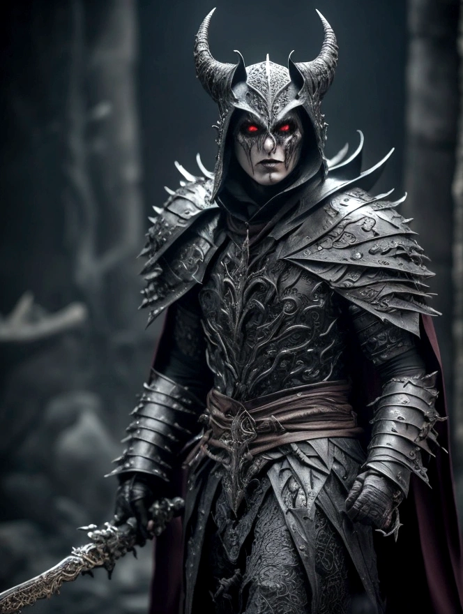 In a dark and oppressive scenario, a character inspired by Guts emerges, de Berserk, but even more dark and terrifying. Their hair is long and black, just like your arms, creating a sinister appearance. Seus olhos, de um vermelho intenso, irradiam uma aura maligna, transmitindo a ferocidade e o poder que habitam seu ser. Dressed in demonic black armor, this character exudes a menacing presence. Every detail of the armor is meticulously crafted, bringing to light the evil essence that it represents. Features a gauntlet hand with demonic black claws, remetendo a uma natureza infernal. The cloak he wears is as dark as the night itself, envolvendo-o em sombras macabras. Nessa capa, assim como em sua espada, there are effects of black auras that emanate a mystery and dark energy. in her hands, ele empunha uma espada colossal, a Dragon Slayer, as imposing and brutal as the entity that wields it. The dark effects that surround the blade, os detalhes intrincados e sinistros, make the weapon a true manifestation of terror and destruction. Este personagem, with its haunting appearance, personifies the essence of darkness and horror. His presence is ominous, its energy radiates an overwhelming malevolence. He is a force to be feared, ressoando com o pior pesadelo de seus inimigos. with the highest quality and attention to detail, the colors and dark effects are enhanced to convey the full essence of this terrifying being. It is an image that inspires fear and at the same time fascinates, pois revela a profundidade dos abismos sombrios da alma humana.