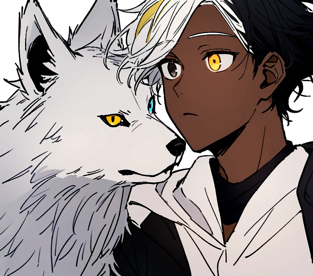 white  shirt, wearing a black hoodie , yellow and black eyes heterochromia  , Messy hair , Medium length hair , 1 men , multicolored black and white hair , two tone hair , dark skin color , with a white wolf , both of them looking at each other like idiots