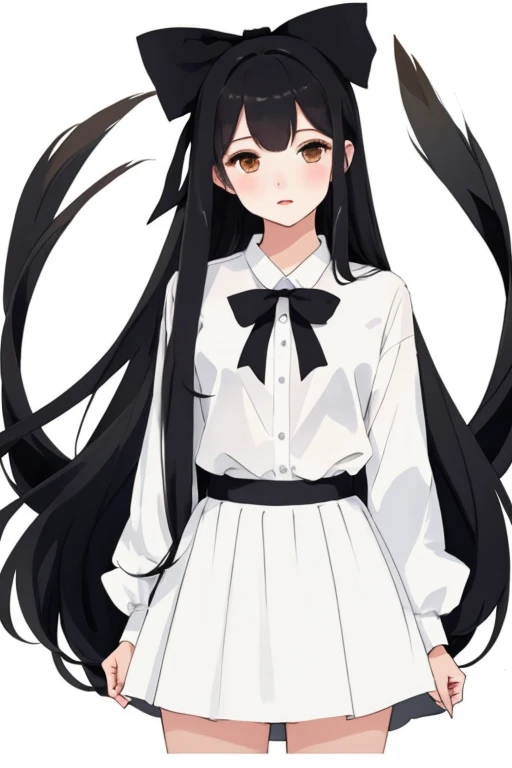 A girl with white skin with long black hair with white bows on her head .
Clothes: shirt with long sleeves and black trousers. 
Anime
