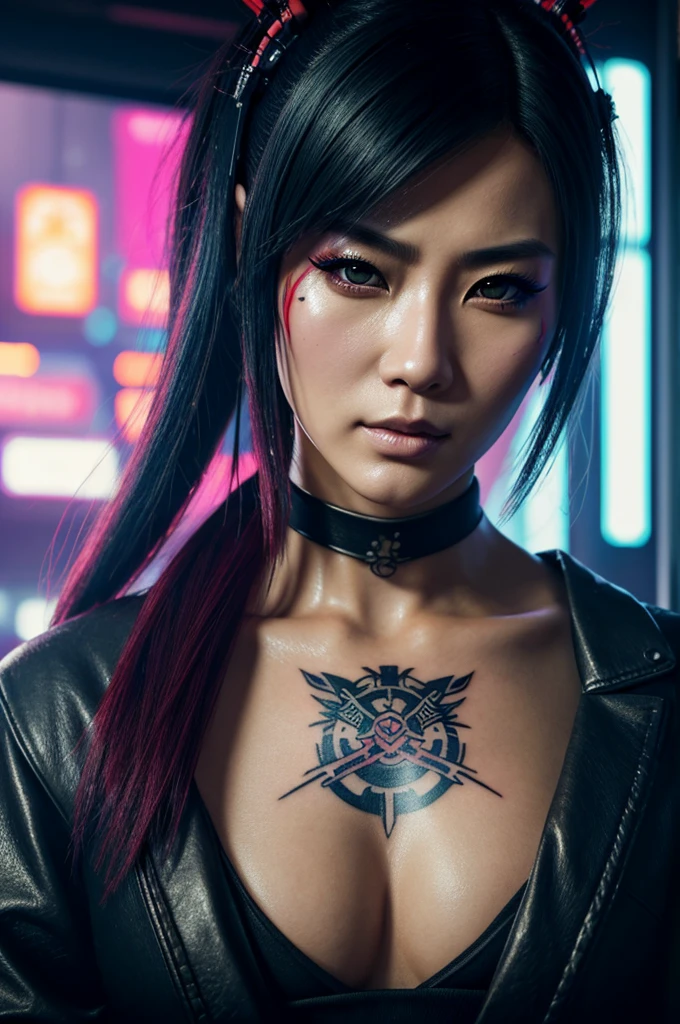 a close up of a woman with a knife and a tattoo on her face, very beautiful cyberpunk samurai, cyberpunk geisha, portrait of a cyberpunk samurai, beautiful cyberpunk girl face, cyberpunk samurai, hyper-realistic cyberpunk style, cyberpunk style , hyperrealistic, cyberpunk art ultrarealistic 8k, ross tran 8 k, cyberpunk art style, beautiful digital artwork, cyberpunk photo