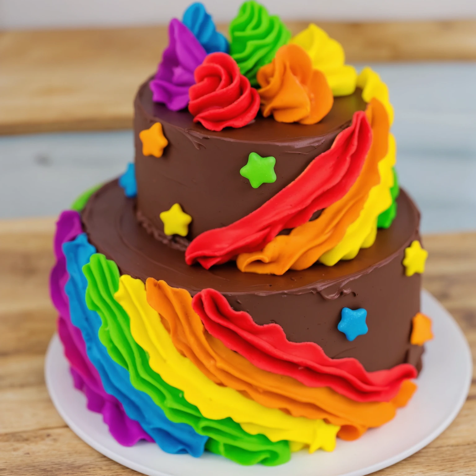 on a wooden table. there is a white plate. two-tier cake, chocolate cream cake, rainbow cream in the form of ruffles, decorated with rainbow stars made of polymer clay, multi-colored cream on top, against the background of the kitchen, Beautiful light from the window, contour light, Multiple light sources, beautiful lighting, Bright light source, bright lighting, beautiful light sources, Multiple light sources, Realistic style , realistic texture, detailed texture, A high resolution, high quality,