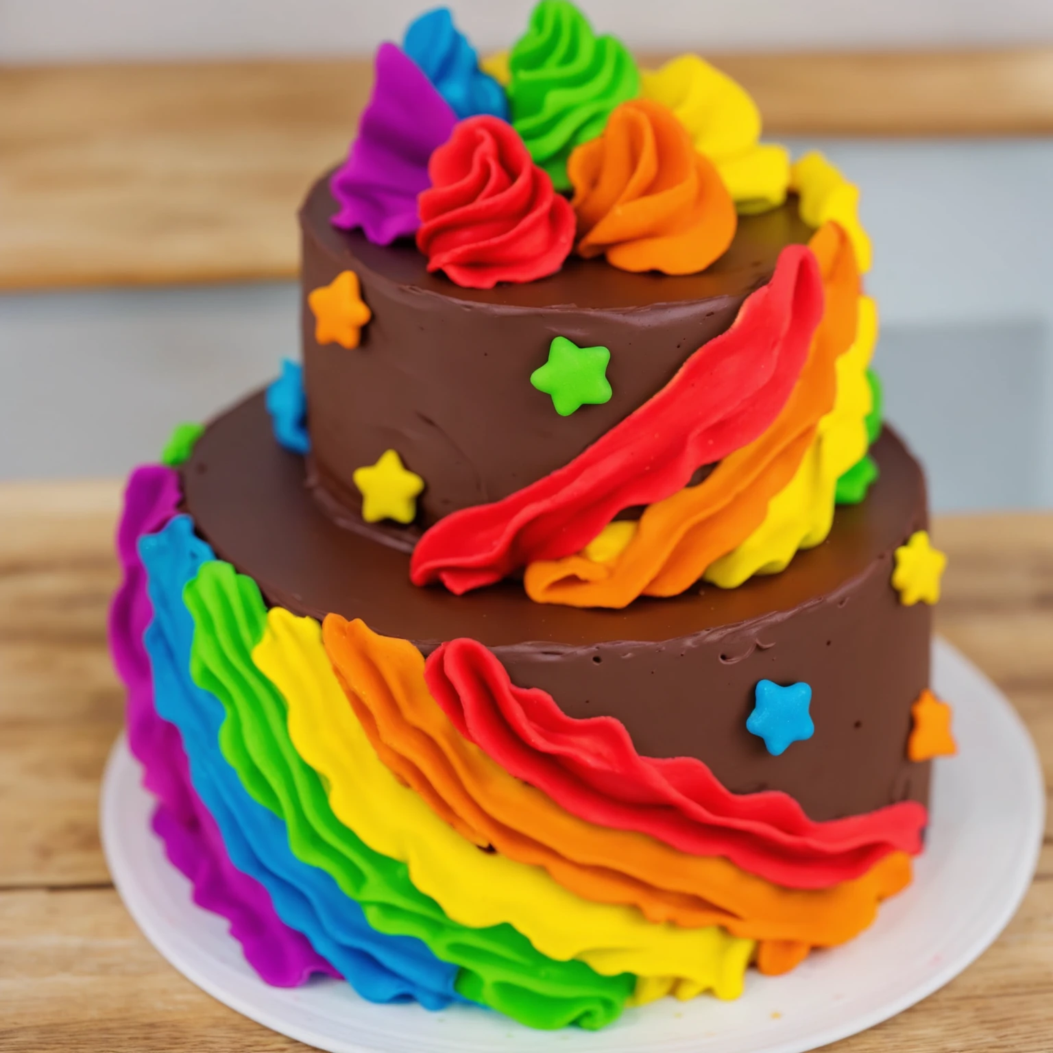 on a wooden table. there is a white plate. two-tier cake, chocolate cream cake, rainbow cream in the form of ruffles, decorated with rainbow stars made of polymer clay, multi-colored cream on top, against the background of the kitchen, Beautiful light from the window, contour light, Multiple light sources, beautiful lighting, Bright light source, bright lighting, beautiful light sources, Multiple light sources, Realistic style , realistic texture, detailed texture, A high resolution, high quality,