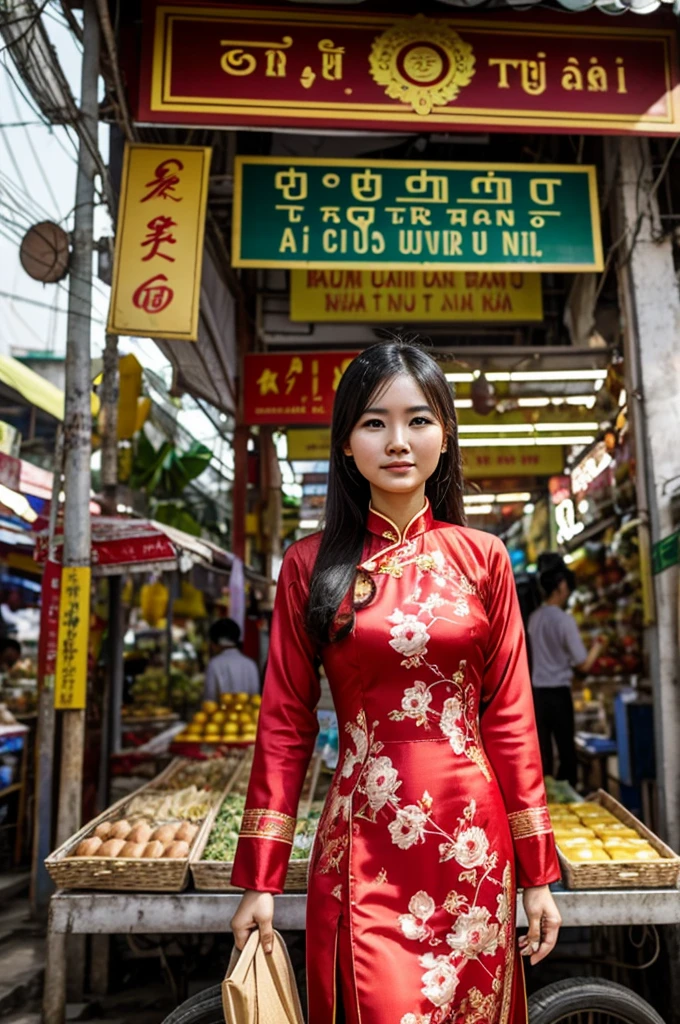 A 24-year-old Vietnamese woman with a fit body wearing an Ao Dai standing in front of Ben Thanh Market in Ho Chi Minh City..