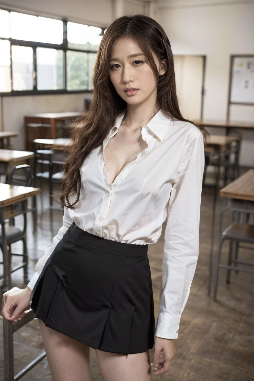 (Highest quality、Original Photography、8K),(Photography Art:1.5),(Yuya Tanjo:1.2),1 Woman,Korean female star,Mature, Practical, (Delicate face),(Delicate eyes),((Modern Fashion,rebellious)),She is wearing a detailed Japanese school uniform, (Very complicated school uniform、suit、White shirt、Short skirt、stripe、badge),Detailed clothing accessories,Very long curls,Small cleavage,Long legs,Stand in the classroom,There are two tall men standing behind