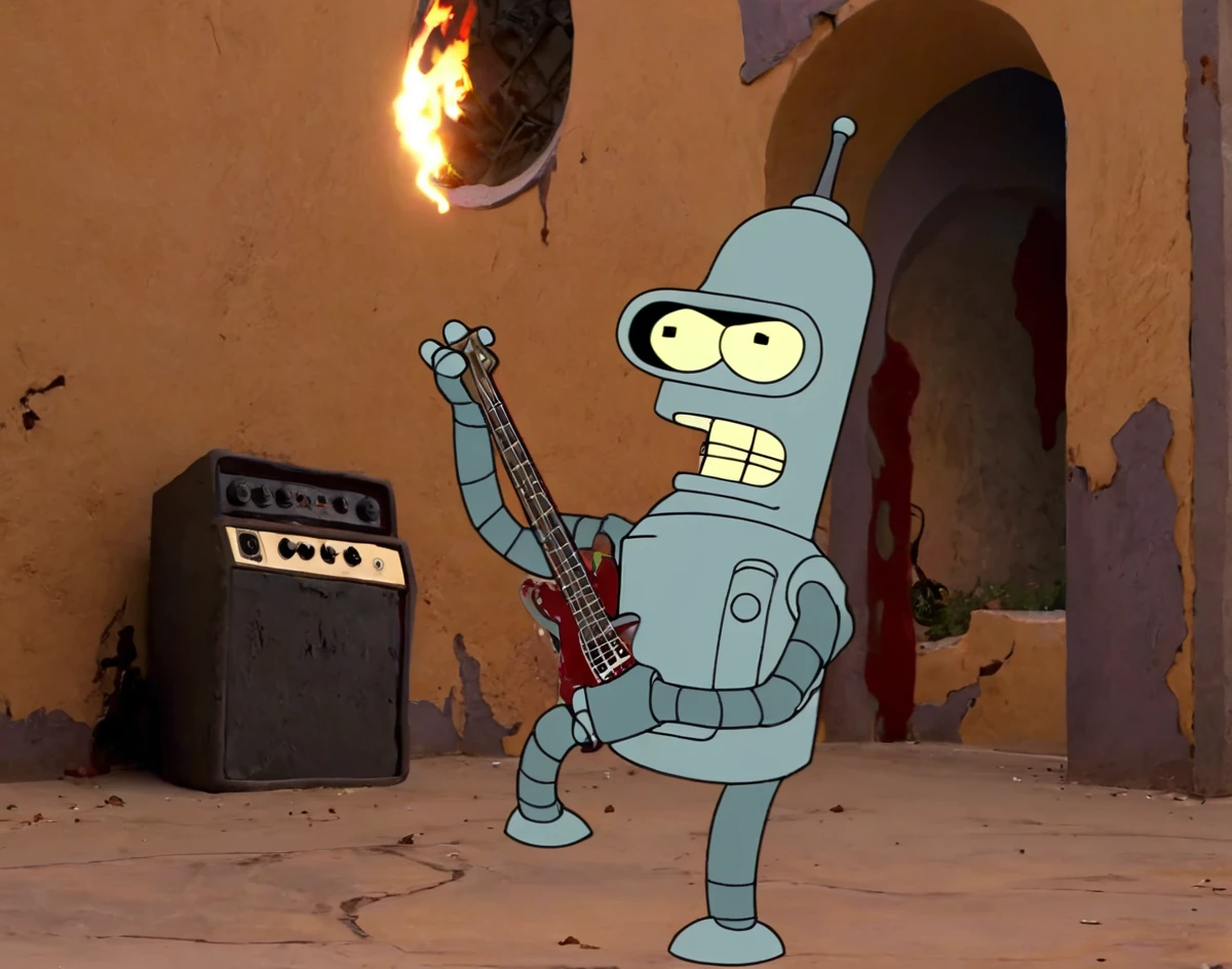 Bender, Angry and Rage, holding Bass Guitar, bloody, running on Graveyard at Marocco