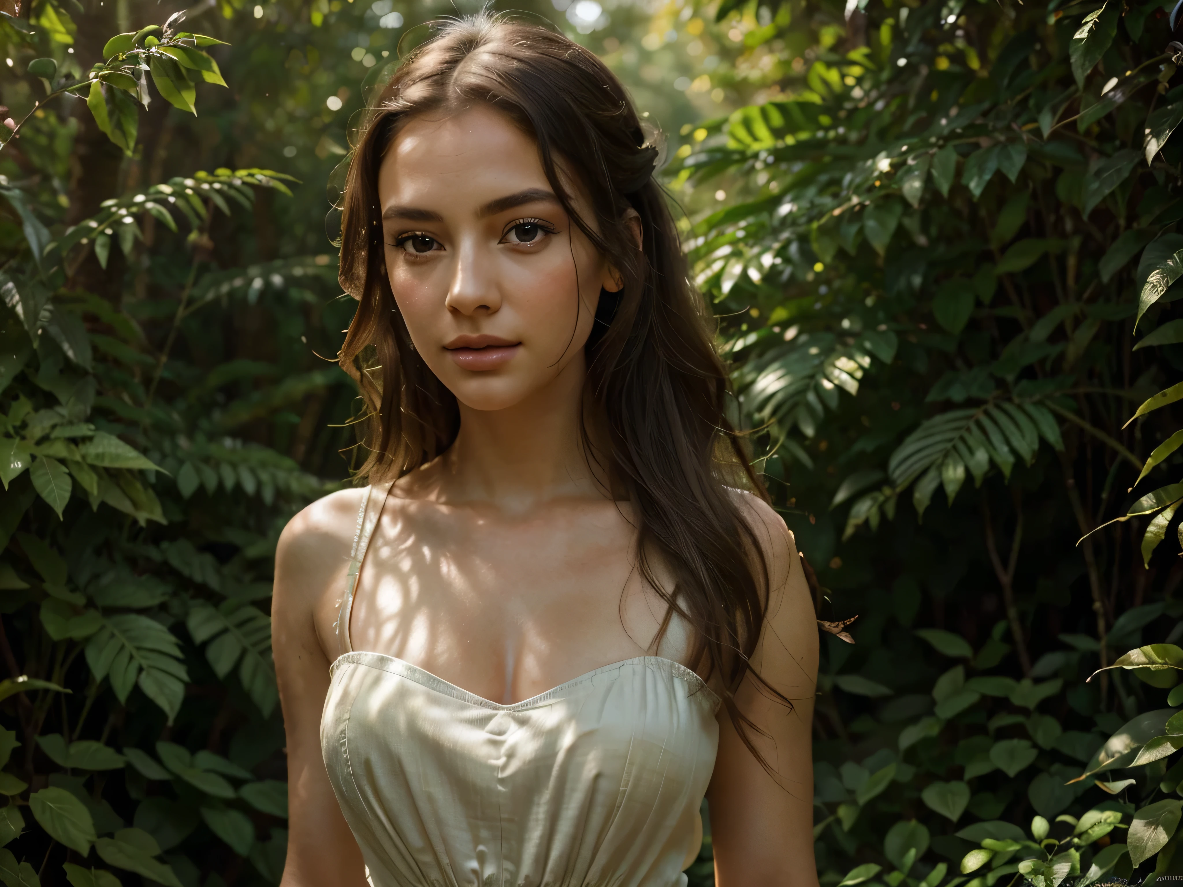 (Pauline Hoarau, 18 years old), very pale skin, very small breasts, very pale skin, hyper photorealistic, cute French peasant girl circa 1250 AD, standing near a beautiful river under a huge and magnificent oak tree, detailed face and eyes, innocence, purity, shy, perfect young adult skinny body, full body portrait, innocent face, Masterpiece, idyllic aura, medieval environment, a middle ages windmill in the background, cinematic lighting, dark brown detailed hair, brown eyes, little smile, fine facial traits, slim physique, depth of field, cinematic