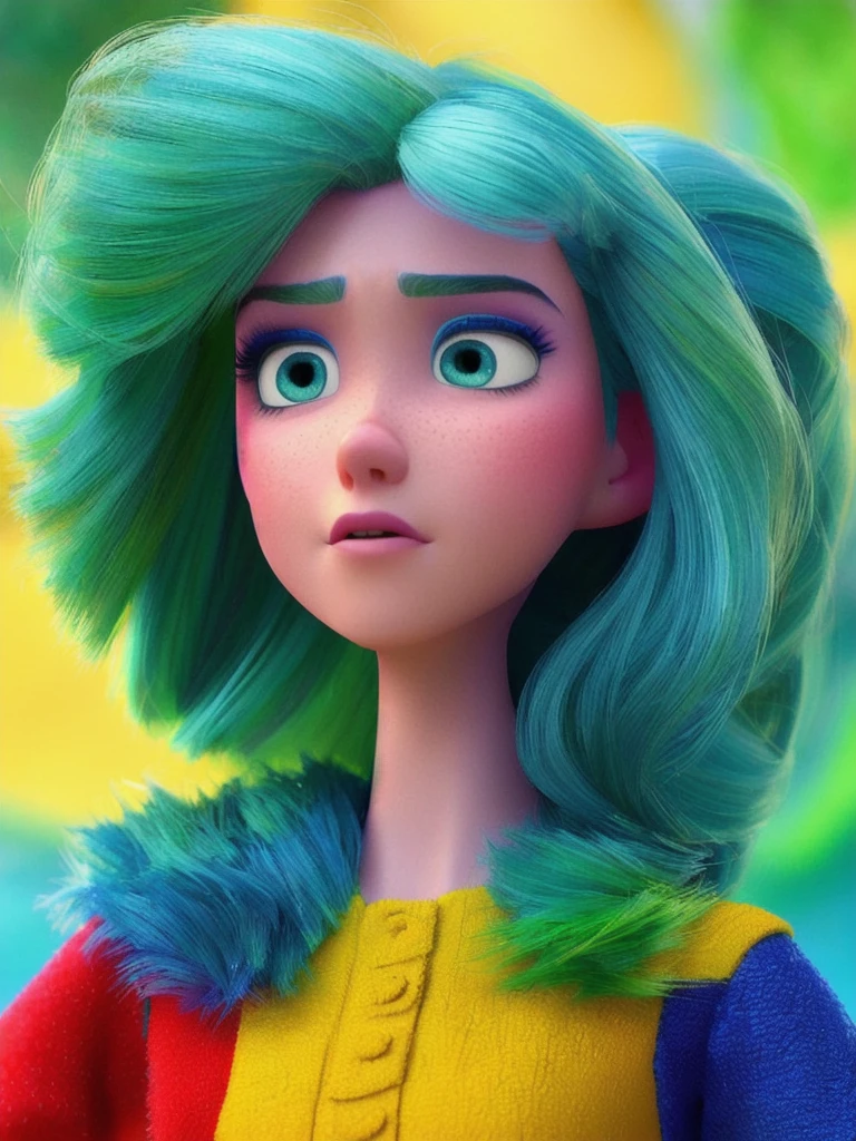 Pixarstyle,1 girl with yellow skin, hair blue, green dress, blue colored eyes